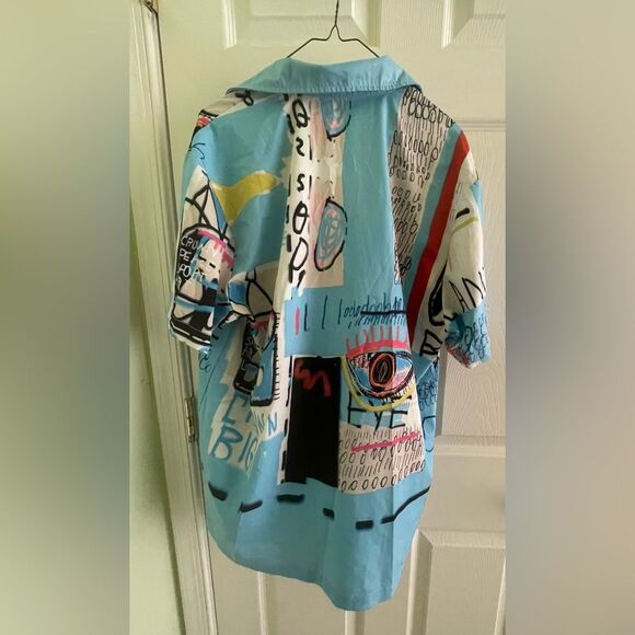 Pop Art Dress Shirt Short sleeve - Blue Black Button Down Casual Dress Shirt XL - Picture 3 of 7